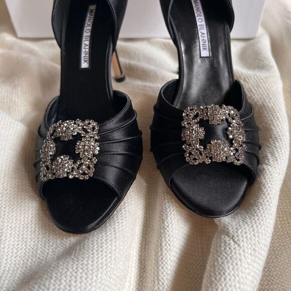 Manolo Blahnik Cassiado d'Orsay Crystal Pump Open Toe 90 mm Black Satin 36 NEW - Picture 8 of 13